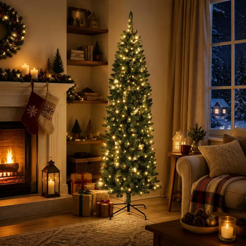 7.5-12ft Pre-Lit Artificial Christmas Tree with 250 Warm White Led Lights, 11 Modes, Slim Design and Foldable Base for Home, Office and Shopping Center