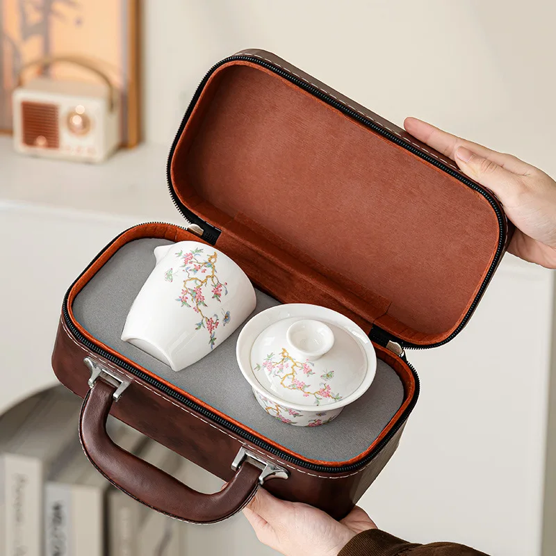 New Dehua Wisteria Pattern White Porcelain Tea Set Home Ceramics with Jadeite-White Gaiwan 3 Cups Luxury Leather Bag Friend Gift