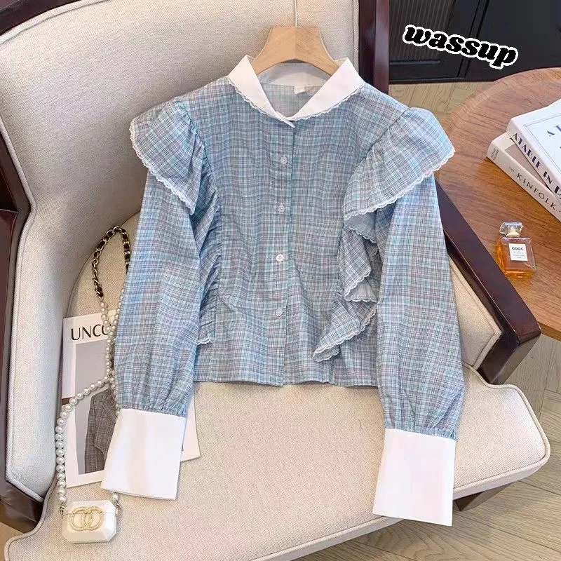 

Lace girl plaid striped lapel shirt female early autumn new sweet little fresh ruffled casual white long-sleeved shirt.