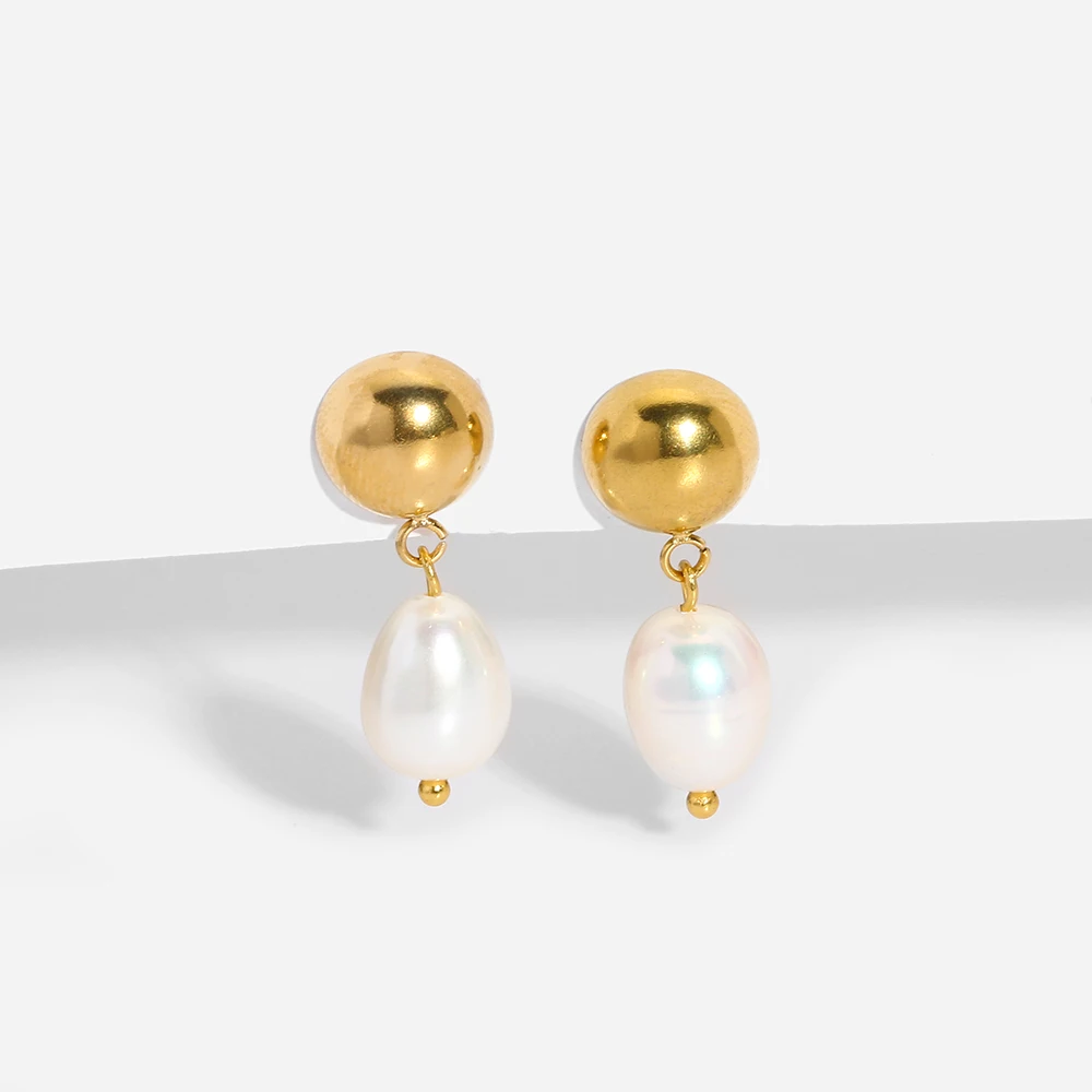 Stylish 18K Gold Plated Natural Freshwater Pearl Stainless Steel Hemispherical Stud Earring for Women Drop Earring Jewelry Gift