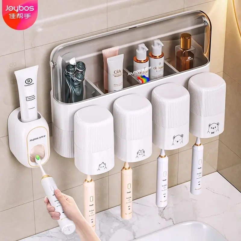 Toothbrush Holder Wall Mounted No Drill Shelf Bathroom Accessories Set With Toothpaste Dispenser Organizer Toothbrush Cups