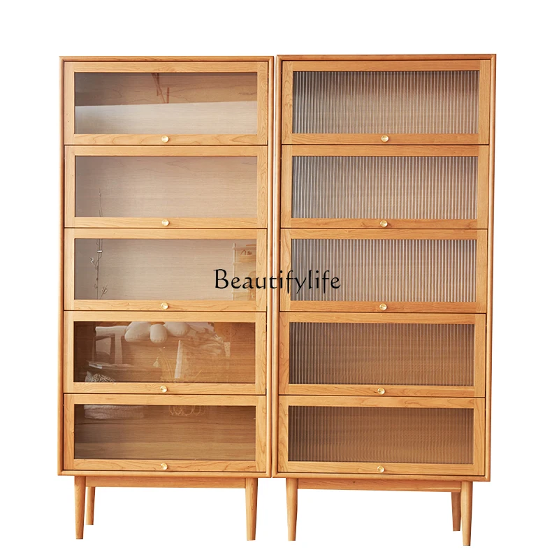 

Nordic Modern Minimalist Solid Wood Flip Door Glass Wine Cabinet Home Study Floor Bookshelf