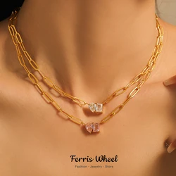 Water Drop Square Zircon Pendant Necklace for Women Stainless Steel Chain Gold Plated Charm Female Jewelry Gift