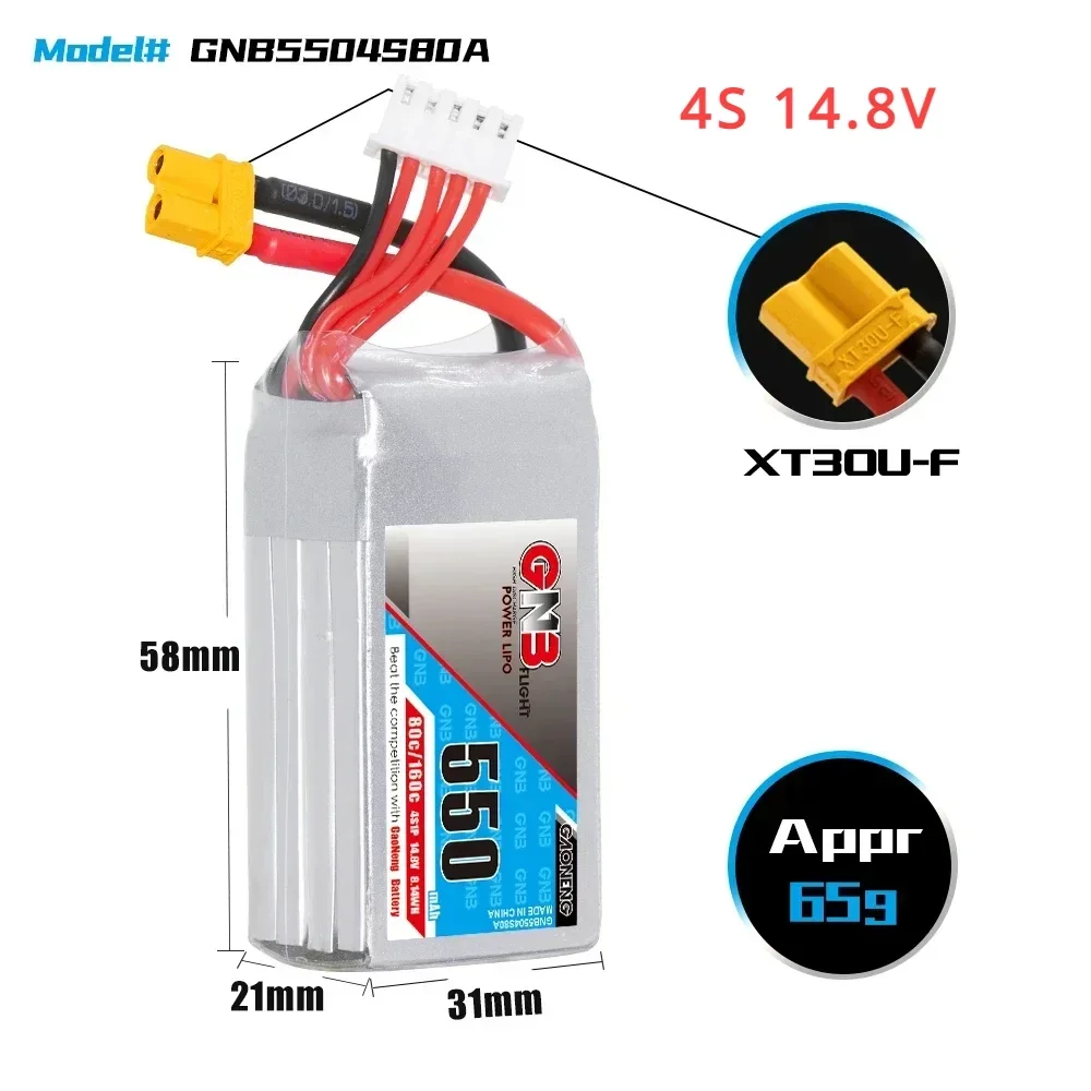 GAONENG GNB 550mAh 80C/160C 2S/3S/4S/6S 7.4V/11.1V/14.8V/22.2V Lipo Batteria XT30 Connettore Per FPV Racing Drone parti RC