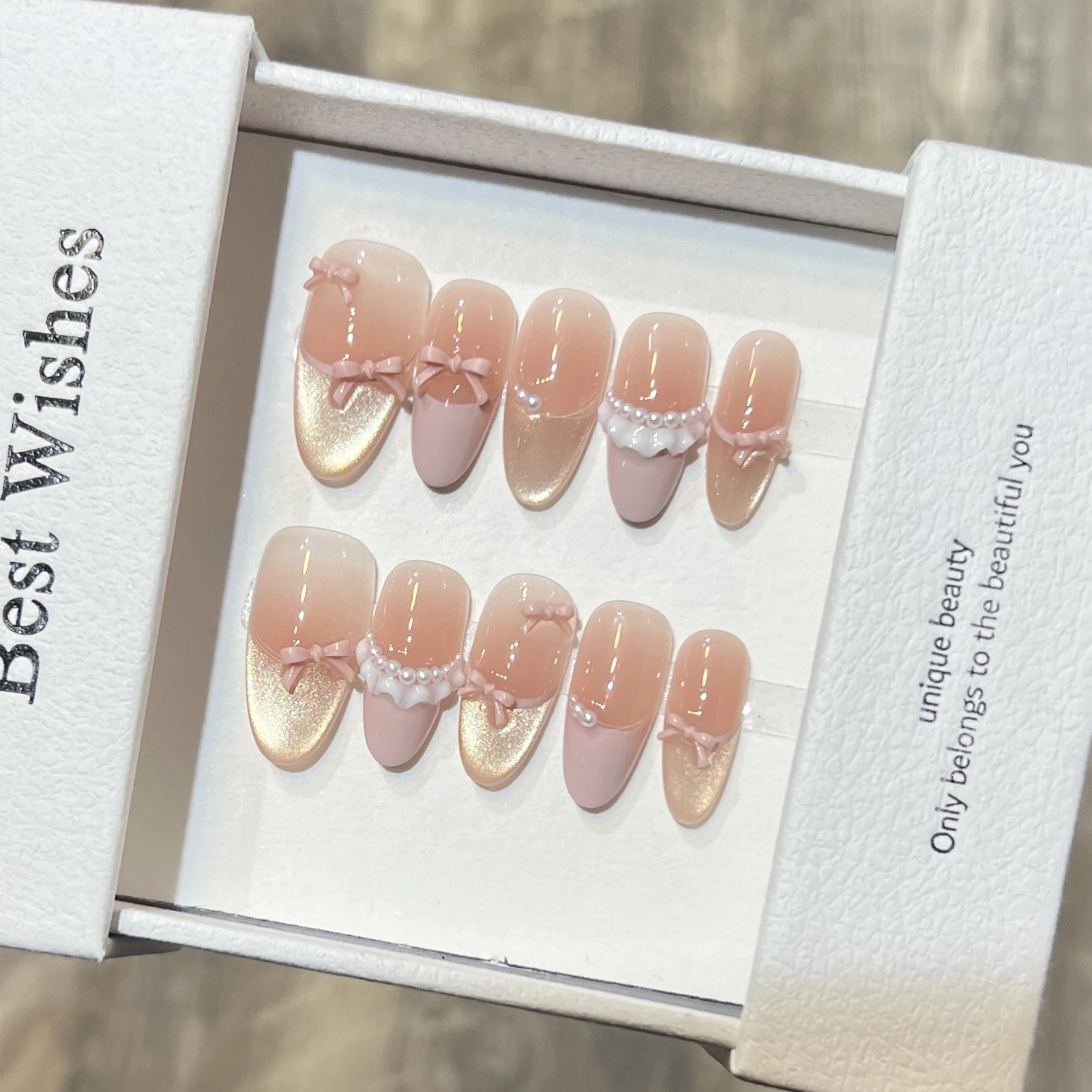 10 Uds. De uñas postizas con lazo francés de ojo de gato y almendra, uñas postizas de resina con diseño de borde de falda para fiesta, boda, manicura DIY