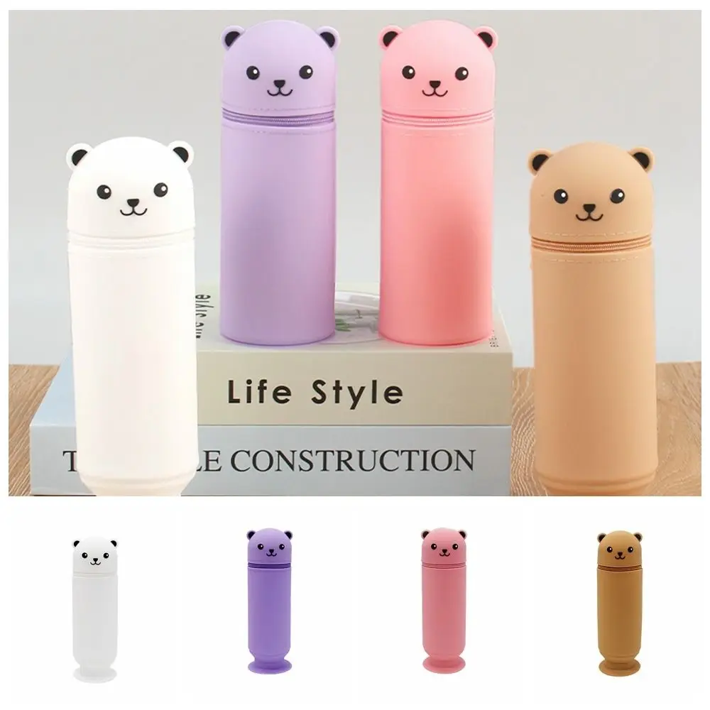 Cute Animal Cartoon Bear Pencil Case Silicone Creative Pencil Pouch Big Capacity Stand Up Stationery Box Desk Organizers