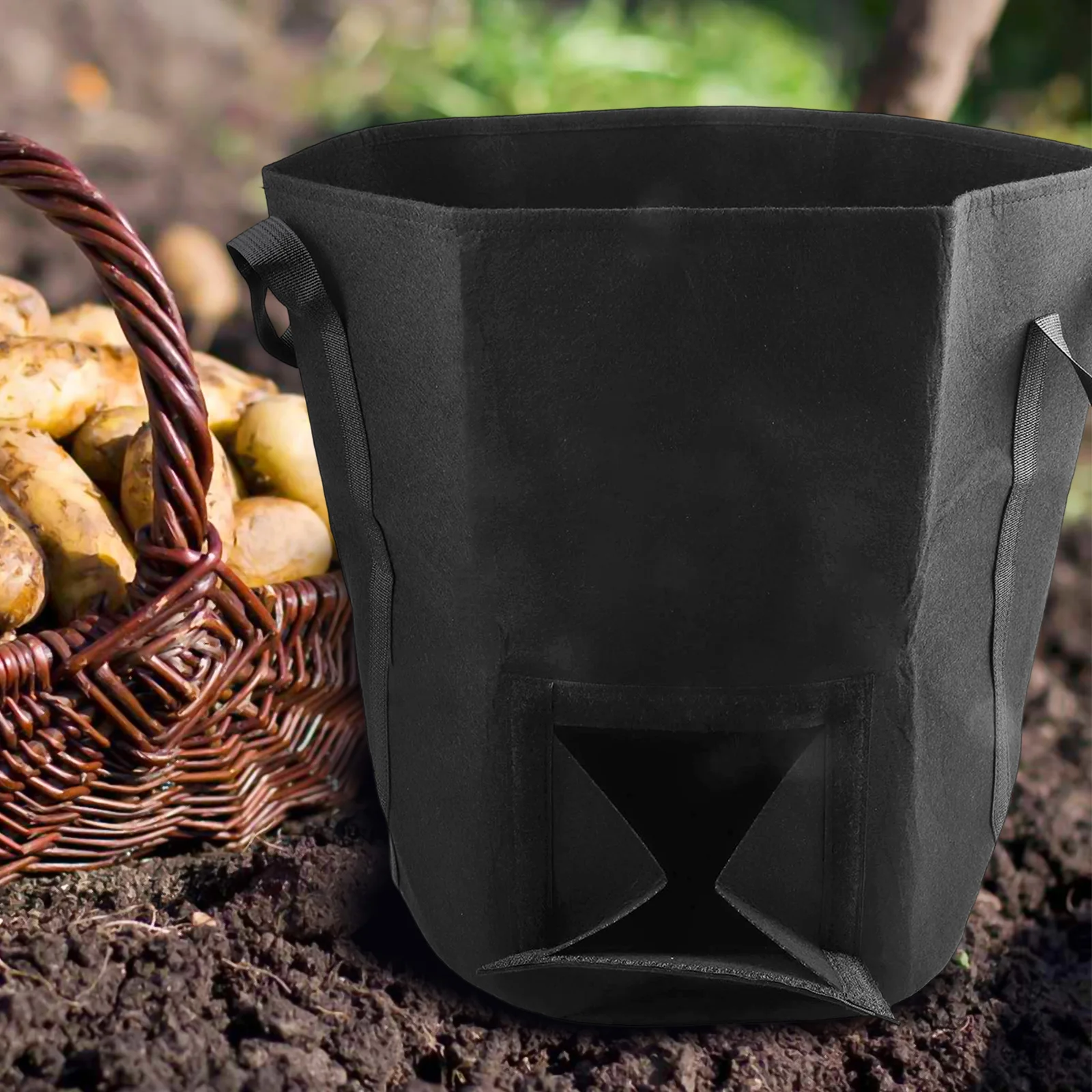 Black Non-Woven Plant Pots Sturdy Handle Grow Bag Harvest Window for root Development Support Small Space Gardening