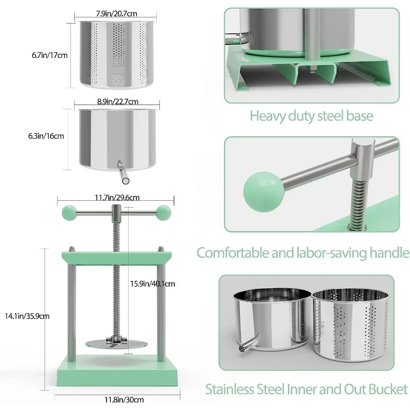 Cheese Tincture Herb Fruit Wine Manual Press-0.8 Gallon Stainless Steel Barrels Press Machine for Juice,Vegetable,Wine,Olive Oil