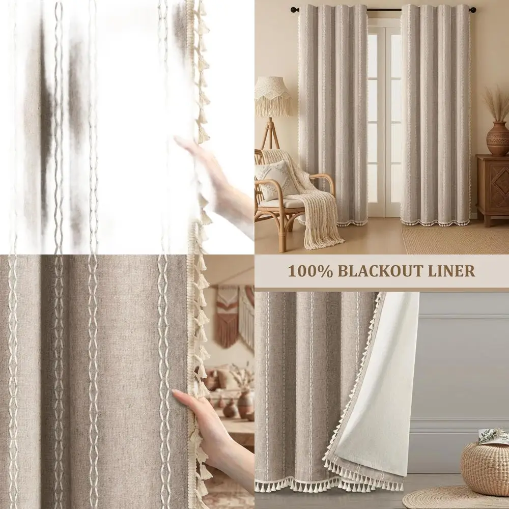 

Льняные шторы в стиле бохо цвета тауп с кистями и вышивкой, 84 дюйма, для гостиной и спальни