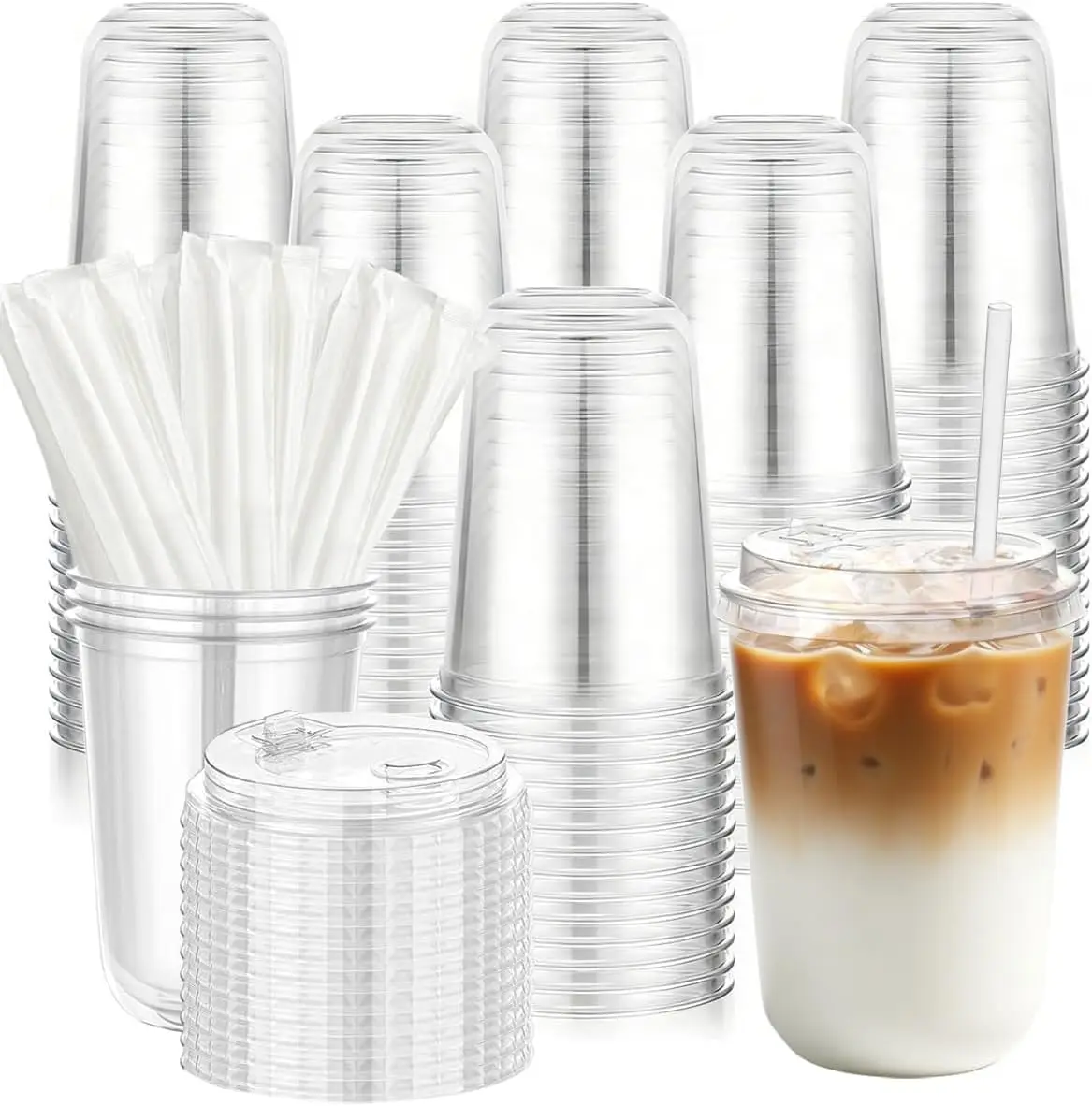 

100 Sets Clear Plastic Coffee Cups with Lids and Straws, 16 oz Disposable PET Cups, BPA Free, Round, for Cold Drinks (10