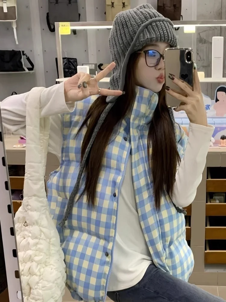 Stylish Cotton Vest Women's Winter Outerwear Unique Beautiful Layered Checkered Stand Collar Jacket Thickened Comfortable