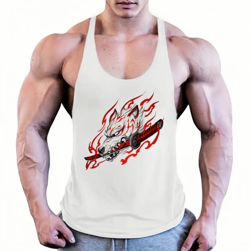 

New Men's Athletic Training Vest – I-Shaped Stringer with Flame Wolf & Samurai Sword Print, Casual Bodybuilding Gym Vest