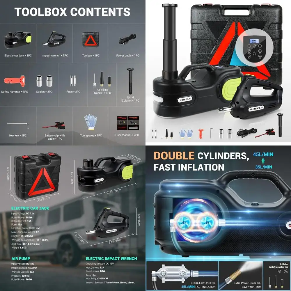 

Электрический автомобильный домкрат 12В с двухцилиндровым воздушным насосом, сенсорным ЖК-экраном и ударным гайковертом для замены шин и экстренных ситуаций