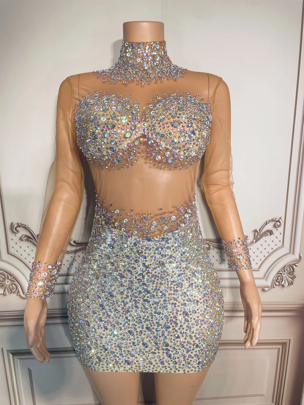 Luxe Strass Korte Jurk Sexy See Through Crystal Celebriate Avond Prom Party Verjaardag Jurk Show Stadium Slijtage