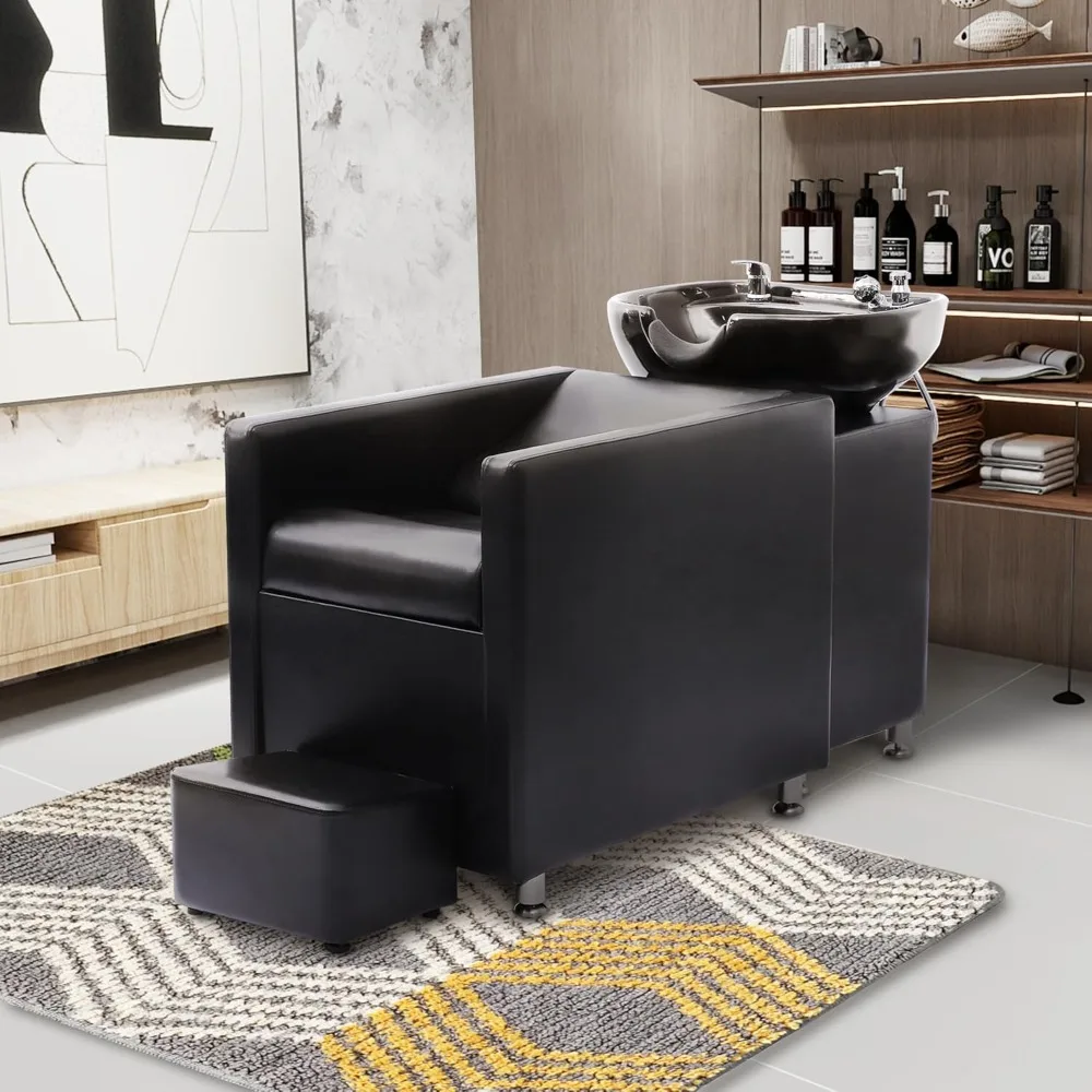 

Shampoo Backwash Unit, Shampoo Bowl and Chair Set with Porcelain Ceramic Sink, Reclining Shampoo Station Chair with Footrest