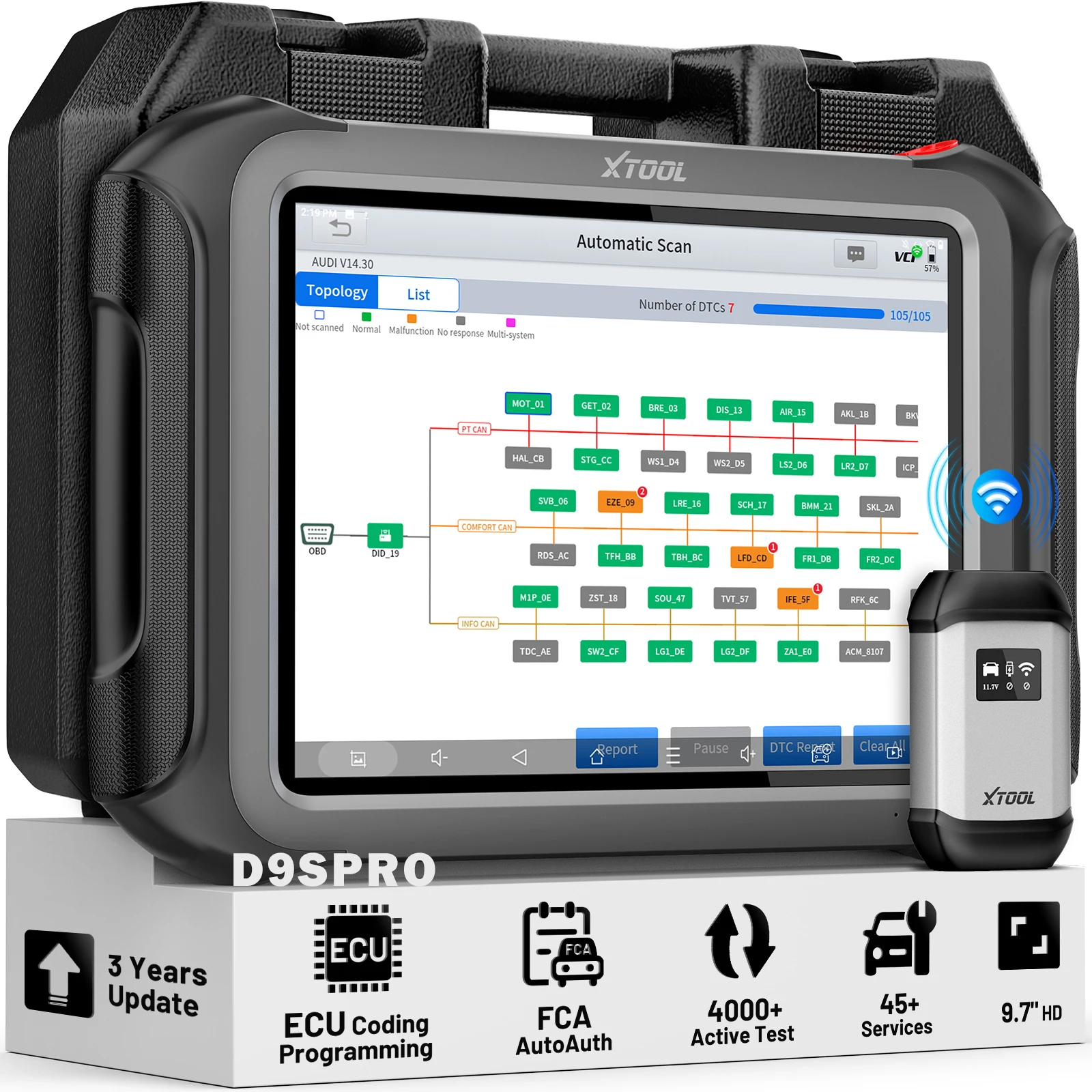 XTOOL D9S PRO Obd2 ماسح ضوئي للسيارات واي فاي جميع الأنظمة D9SPRO أدوات تشخيص السيارات ECU برمجة الترميز خريطة الطوبولوجيا 45 إعادة تعيين