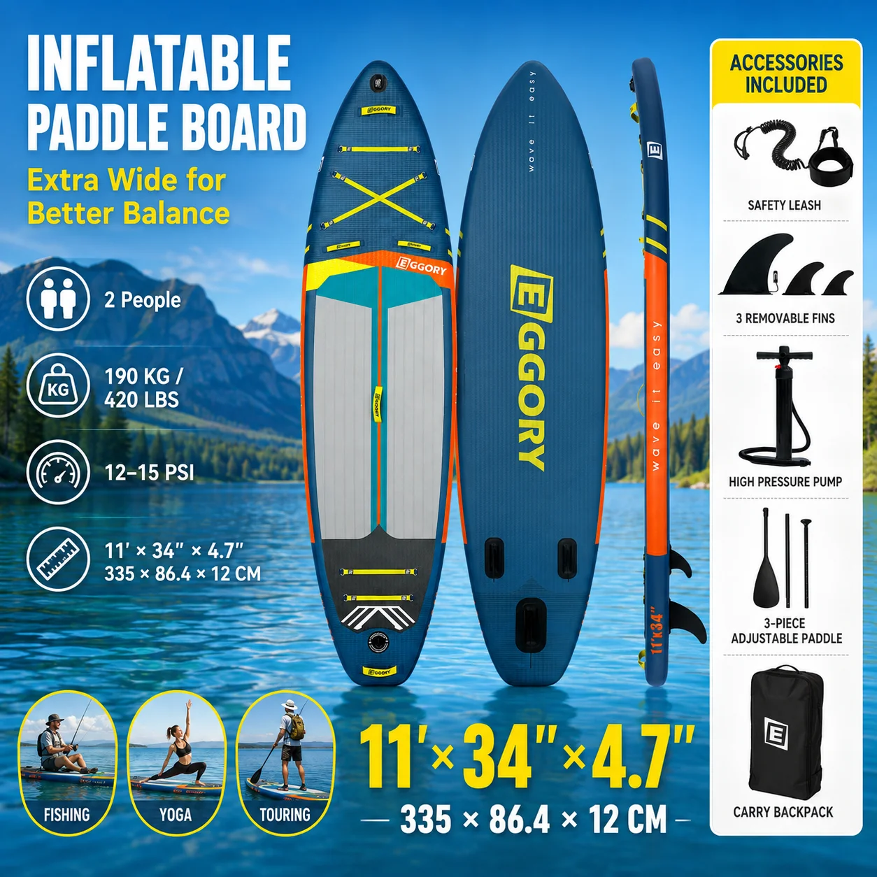 EGGORY Aufblasbares Stand-Up-Paddle-Board 335x86,4x12cm SUP-Board 190kg Tragfähigkeit für 2 Personen mit 3-teiligem verstellbarem Paddel, 3 abnehmbaren Finnen, Sicherheitsleine, Hochdruckpumpe,