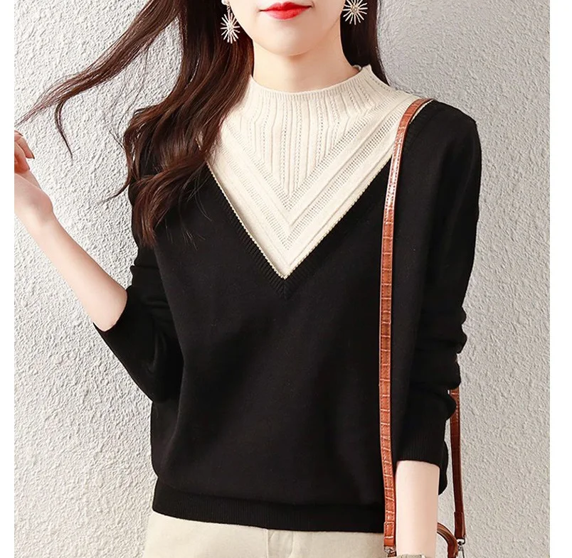 

2023 Autumn/Winter Contrast Color Half High Neck Knit Women's Wear Inner Layer Pullover Long Sleeve Top Sweater