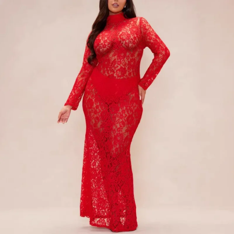 

Роскошное прозрачное кружевное красное вечернее платье, элегантное платье макси с воротником и длинными рукавами для женщин