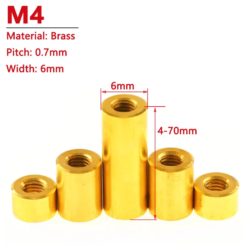 5pcs M4 Brass Round Coupling Nut Female Thread Cylindrical Stud Standoff Sleeve Double Pass Hollow Pillar Width 6mm L=10-50mm