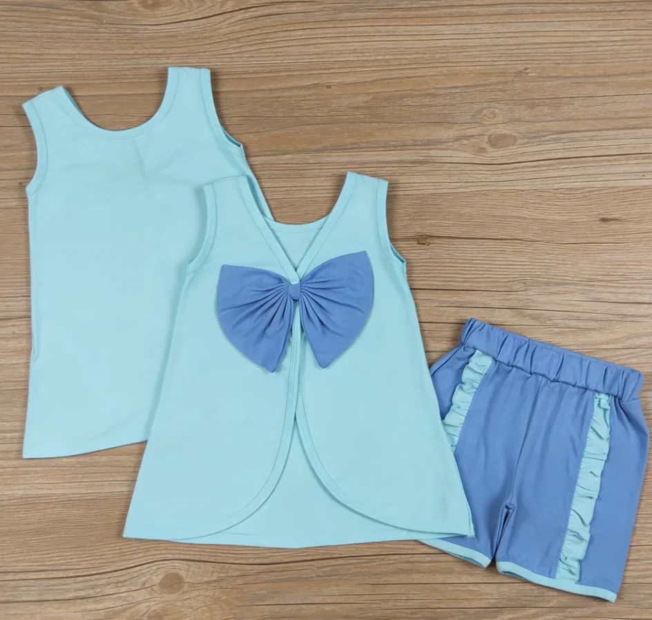 

Wholesale Children Toddler Blue Outfit Baby Girl Sleeveless Bow Cotton Tunic Kids Ruffle Shorts Girls Summer Clothes