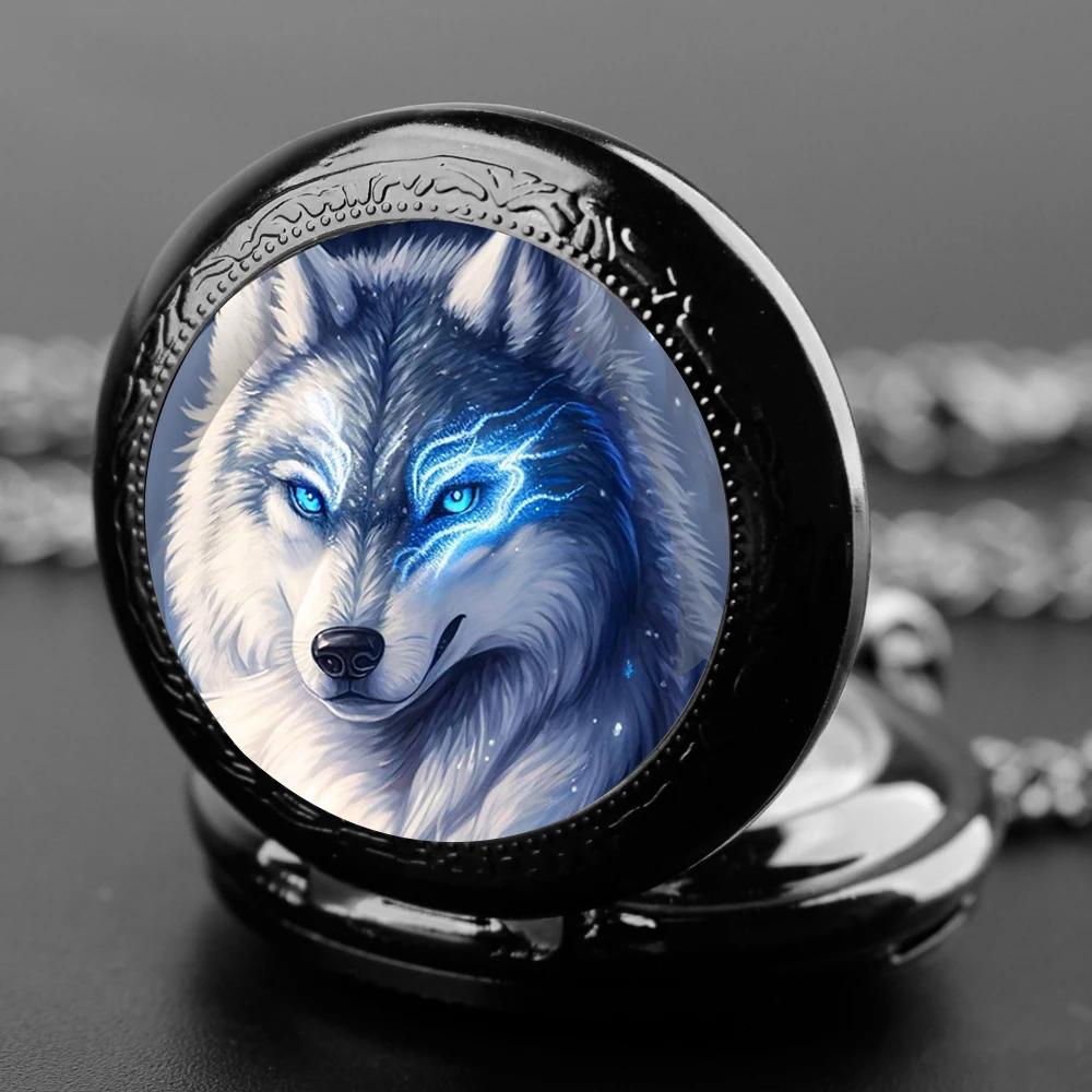 Mystical Charm - Blue Eyes Wolf Pattern Quartz Pocket Watch, Unique Men's Fashion Accessories