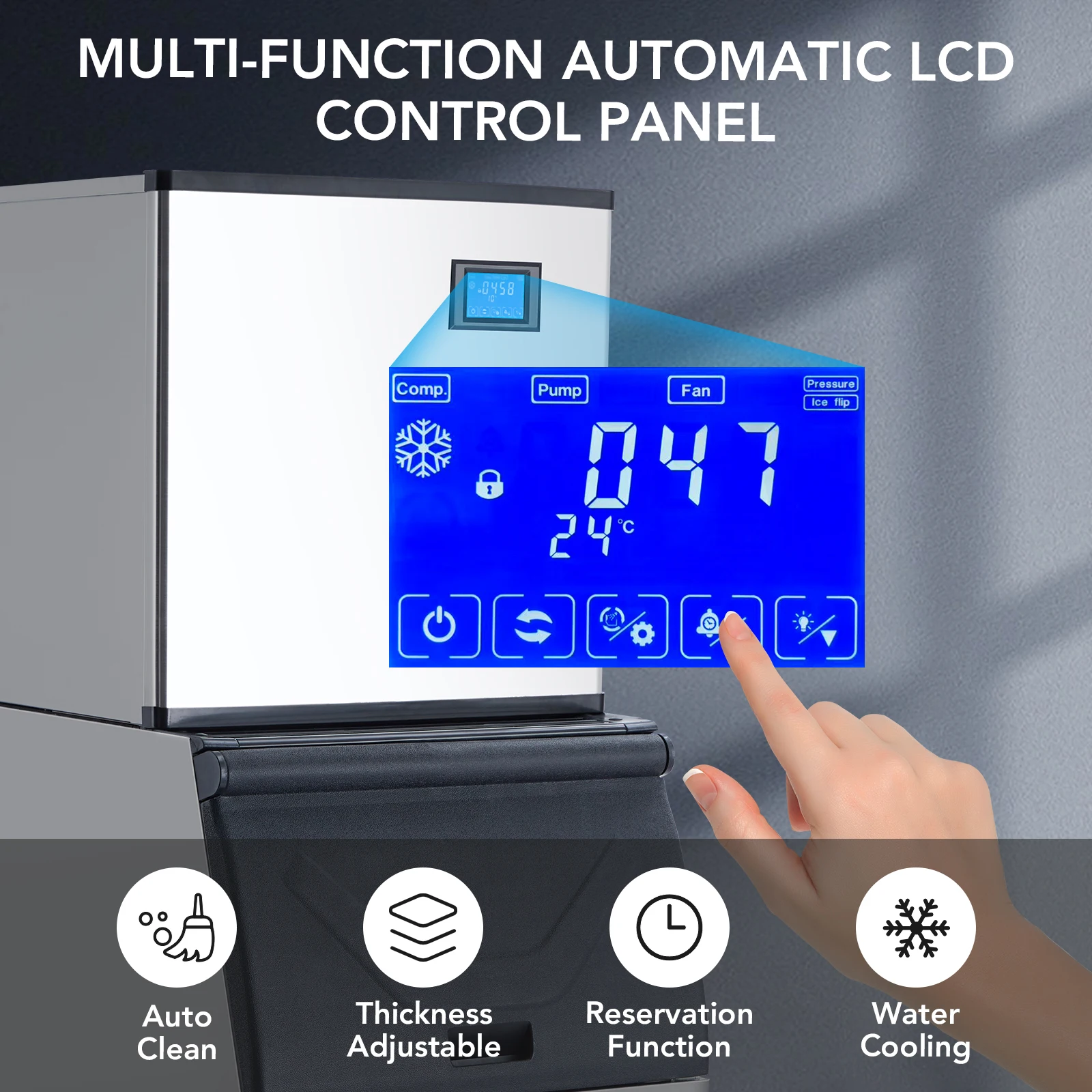 Pembuat es komersial, mesin pembuat es komersial 350lbs/24 jam dengan tempat penyimpanan besar 250lbs, 600W pembersihan sendiri otomatis dengan Panel LED 3.5 inci