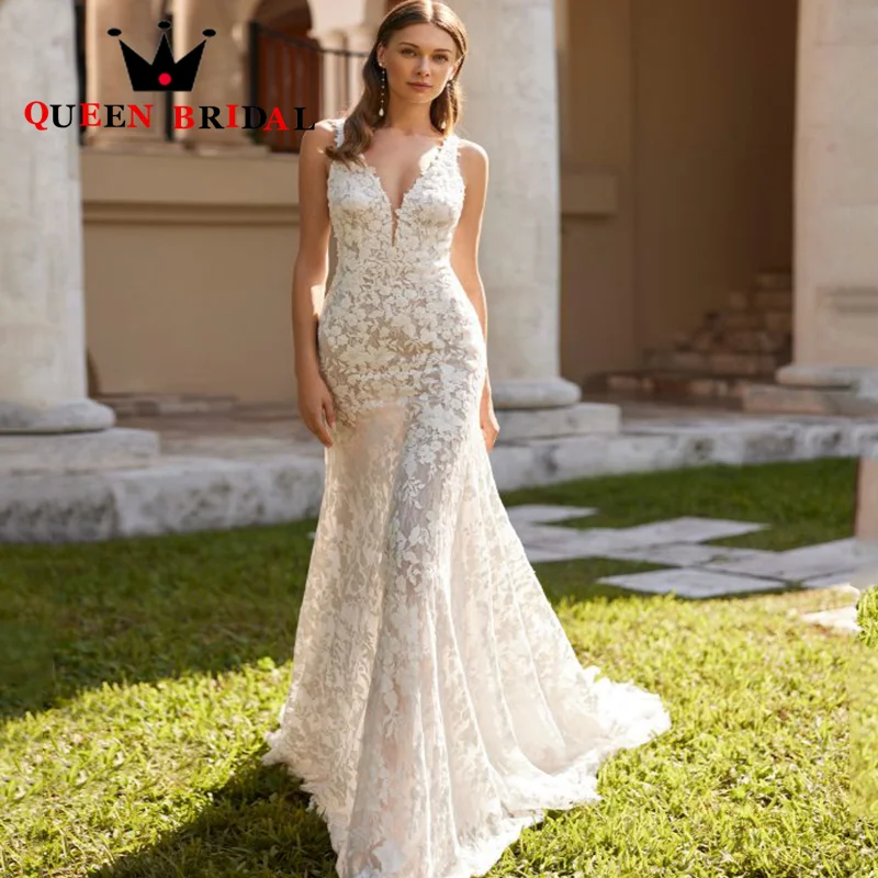 Exquisite Appliques Lace Wedding Dresses New Sleeveless V Neck Sexy Mermaid Backless Bridal Gowns Vestido De Novia Custom Z08Z