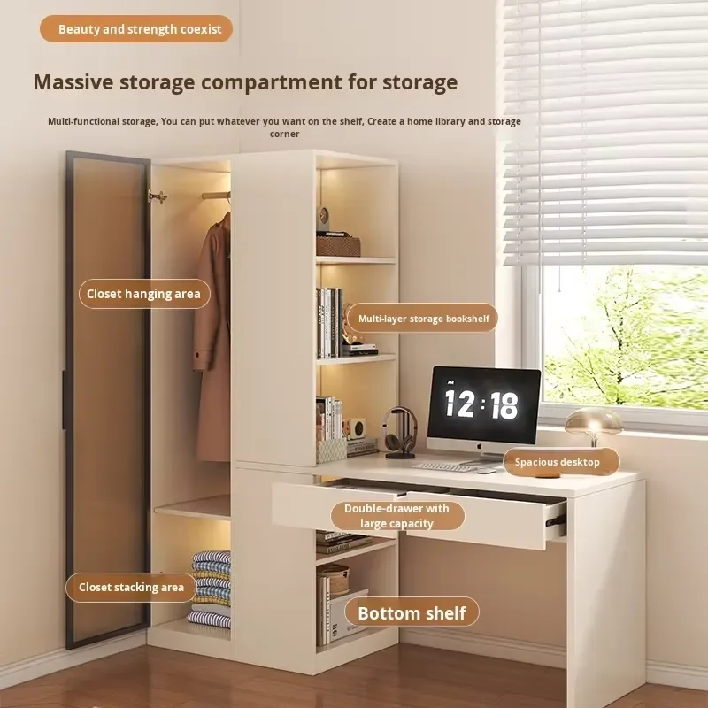 Modern Simple Corner Computer Desk with Integrated Bookshelf for Home Student Bedroom Wardrobe
