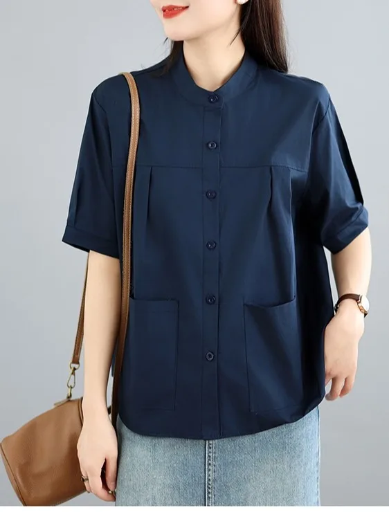 

Summer New Women's Loose Fit Pure Cotton Shirt Short Sleeve Thin Style Versatile Top Casual Fashion Basic Color Single Tone