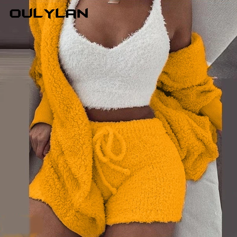 Women Fluffy Pajamas Set 3 Piece Sexy Tank Top Fleece Pyjamas Women Casual Shorts Plus Size Hoodie Home Wear Sets Leisure Pajama