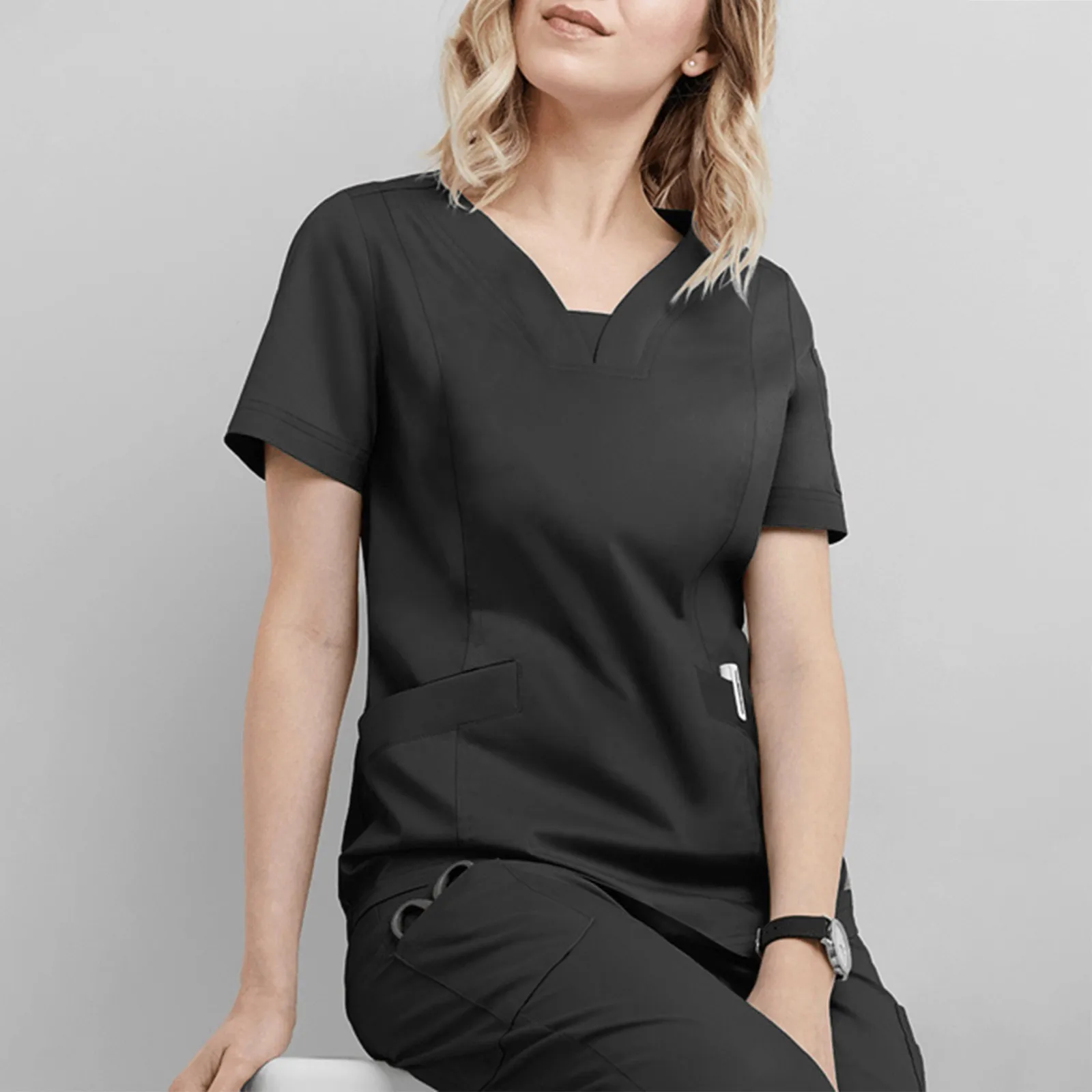 Uniforme d'infirmière monochrome à manches courtes et col en V pour femmes, vêtements d'infirmière, chemisier avec poches, uniforme de médecin hospitalier