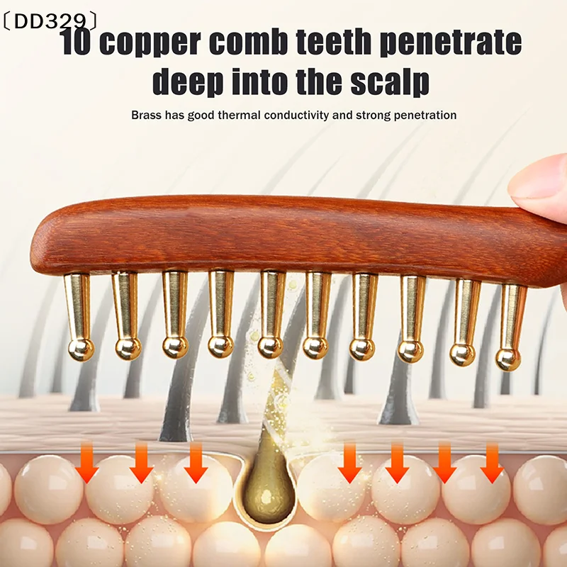 10-Teeth Copper Wood Massager Comb For Head Meridian Therapy And Relaxation Golden Sandalwood Scraping Guasha Long Handle〔DD329〕