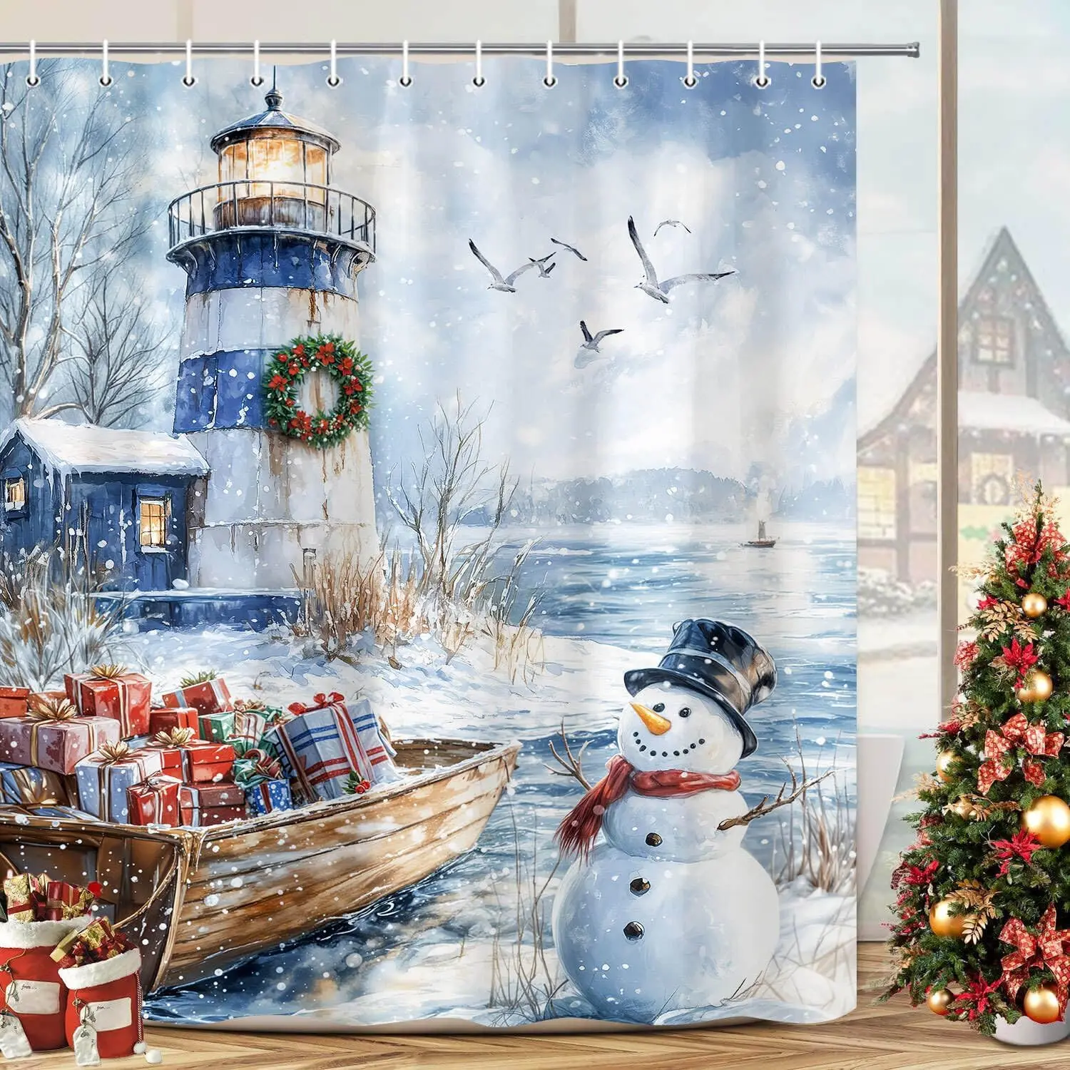 Winter Christmas Lighthouse Shower Curtain, Blue Winter Cute Snowman Beach Snowy Scenery Nautical Farmhouse Boat Fabric Bath
