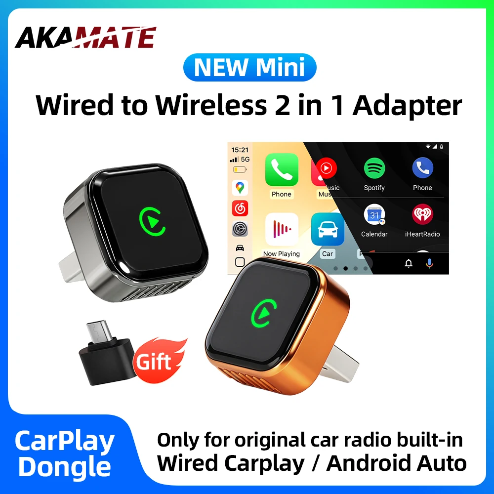 Adaptador Inalámbrico Android Auto CarPlay, Dongle USB, Convierte de Cableado a Inalámbrico, Conexión Automática Bluetooth, CarPlay, Caja Inteligente para Auto 2 en 1