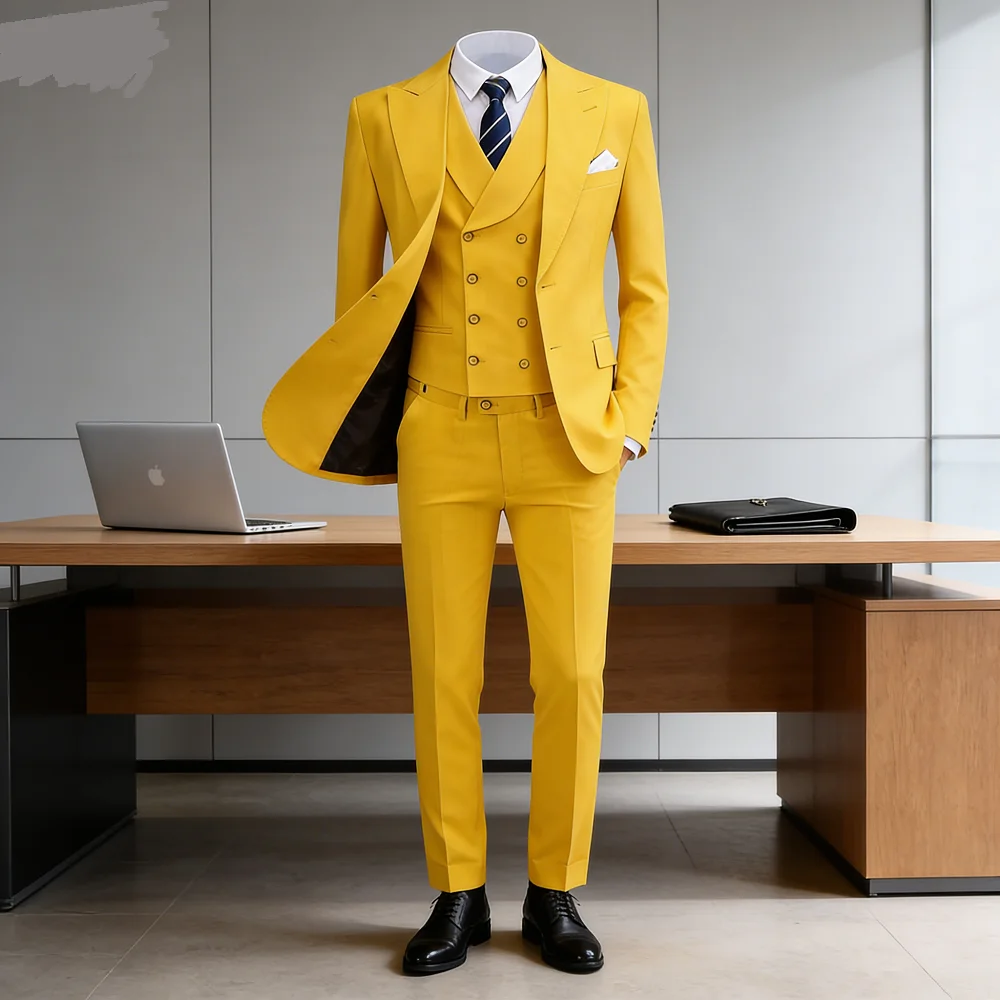 

Customizable Soft Pink Men's Tuxedo Three-Piece Suit with Peak Lapel Unique Chest Pocket Jacket Pants Vest Set Formal Wear