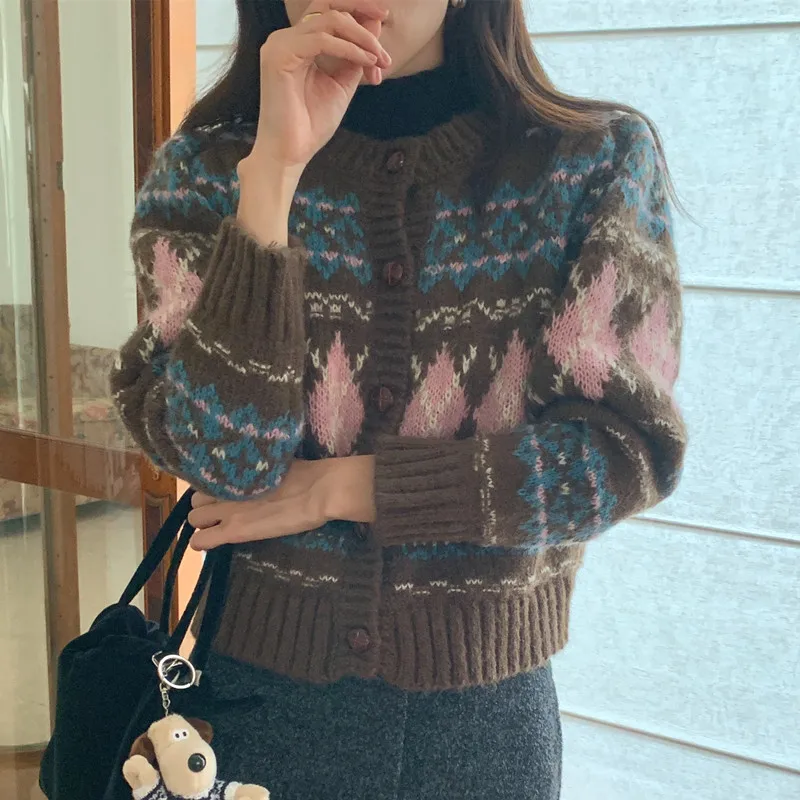 Neploe Korean Chic Vintgae Contrasting Diamond Patterned Jacquard Knitted Cardigan 2024 Autumn Winter Soft Sticky Sweater Coats