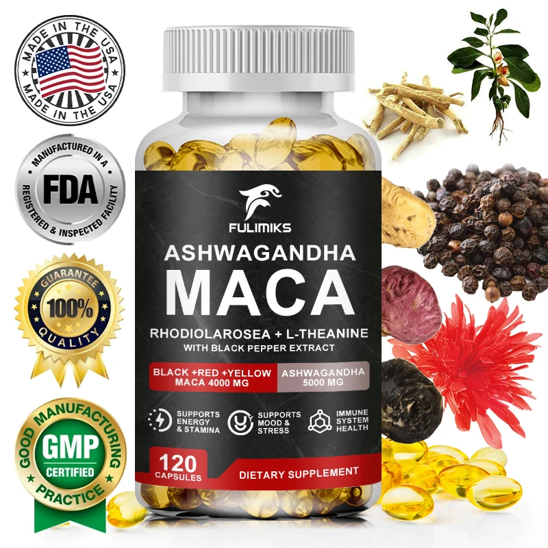 Natural Concentrated Extracts Black + Red + Yellow Maca Root, Korean Ginseng, Ashwagandha, Maca Root Capsules