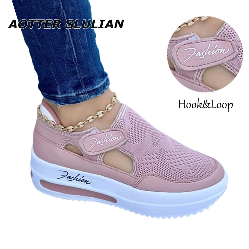 

Elegant Lady Footwear High Quality Durable Platform Shoes Knit Hollow Out Sandals Panelled Sneaker Hook and Loop Deign Sandalias