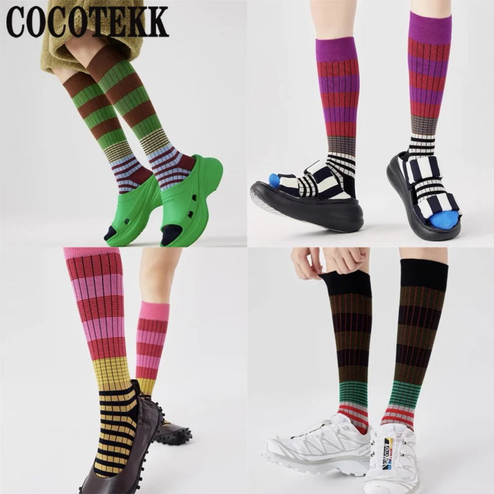 

Fashion Colorful Striped Combed Cotton Socks Women Happy Funny Christmas Gifts Sexy Thigh High Long Stockings Winter Warm Sox