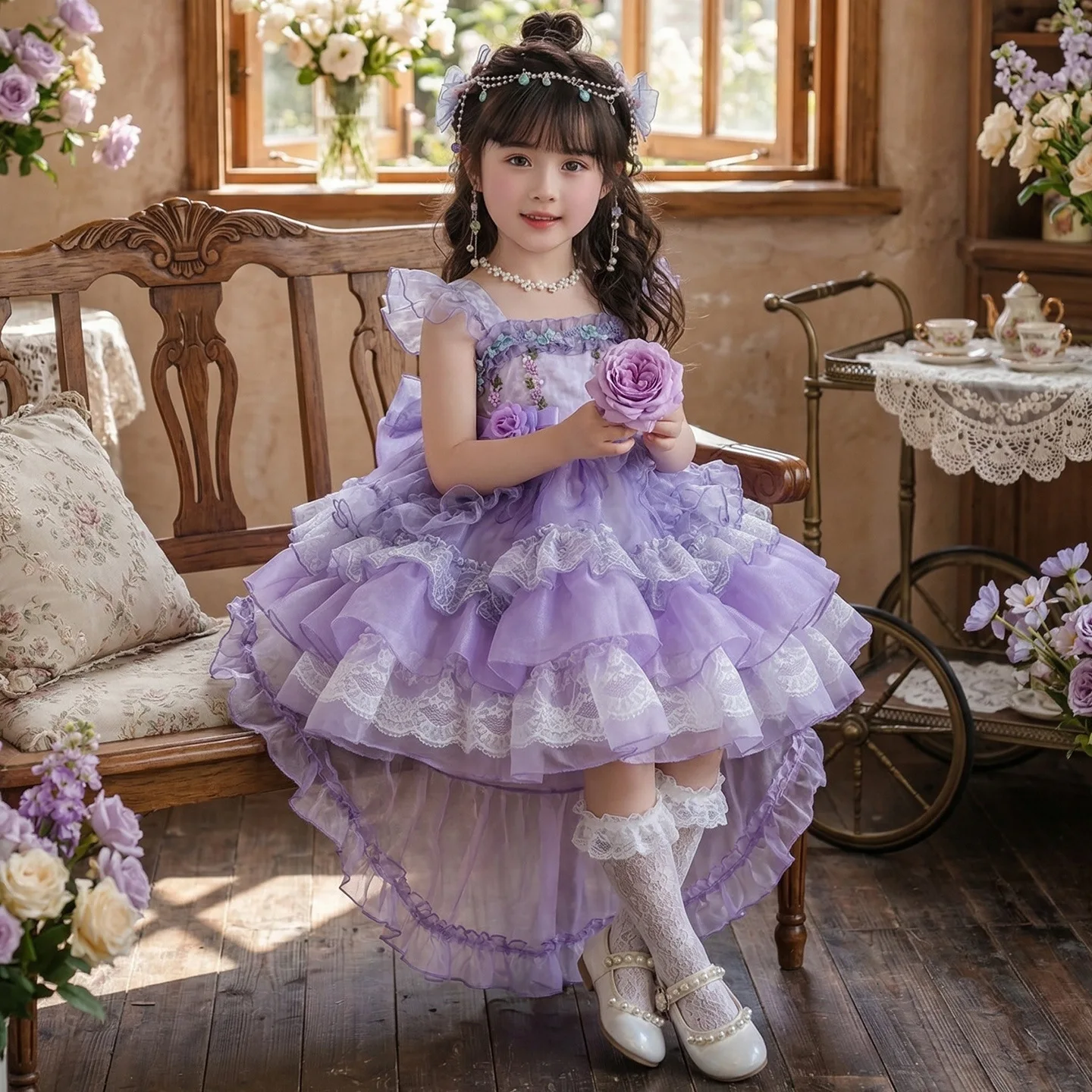 Girls' Princess Skirt 2026 New Summer Dress Stylish Korean Edition Purple Lolita Princess Skirt for Middle aged Children