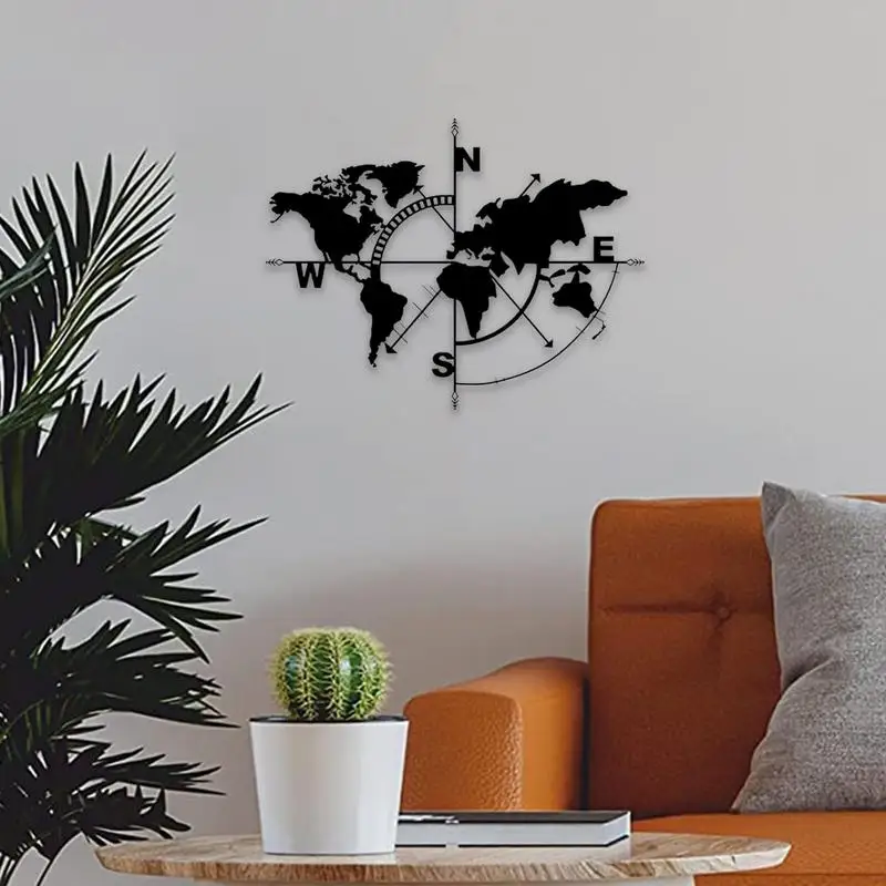 World Map Wall Art Metal Compass Design Hanging Wall Decoration For Home Office Classroom And Living Room Home Accessories