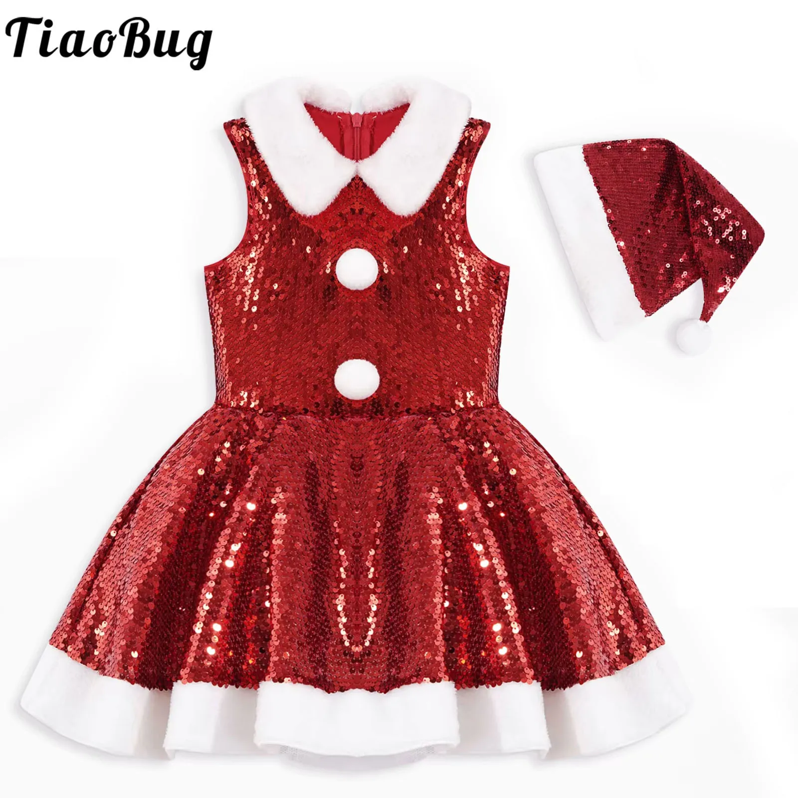 

Red Sequins Christmas Outfits Little Girls Xmas Party Mrs Santa Claus Tutu Dress with Hat Set Figure Skating Leotard Dancewear