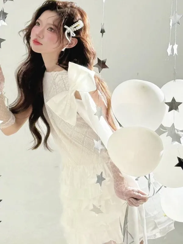 New Style Birthday Photography White Korean Sweet Girl Dress Unique Minority Dress Stage Costume Polyester Fiber Ladies Dress