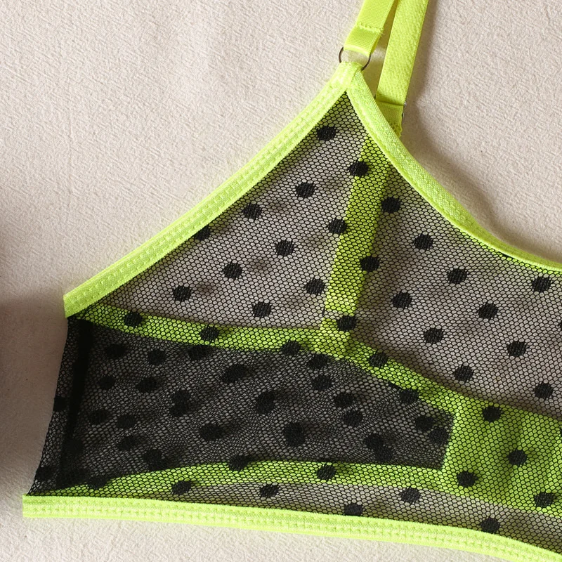 Conjunto de lingerie sexy para mulheres, cueca de bolinhas, ver através do sutiã, conjunto de calcinha, roupa íntima, roupa verde, novo, 2 peças, 2023