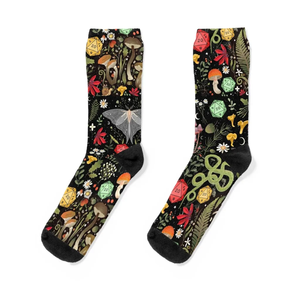

DRUID COTTAGECORE DND PATTERN: Dice, Spore Mushrooms, Moth, Snake,Butterfly, Flowers Socks luxury Women Socks Men's