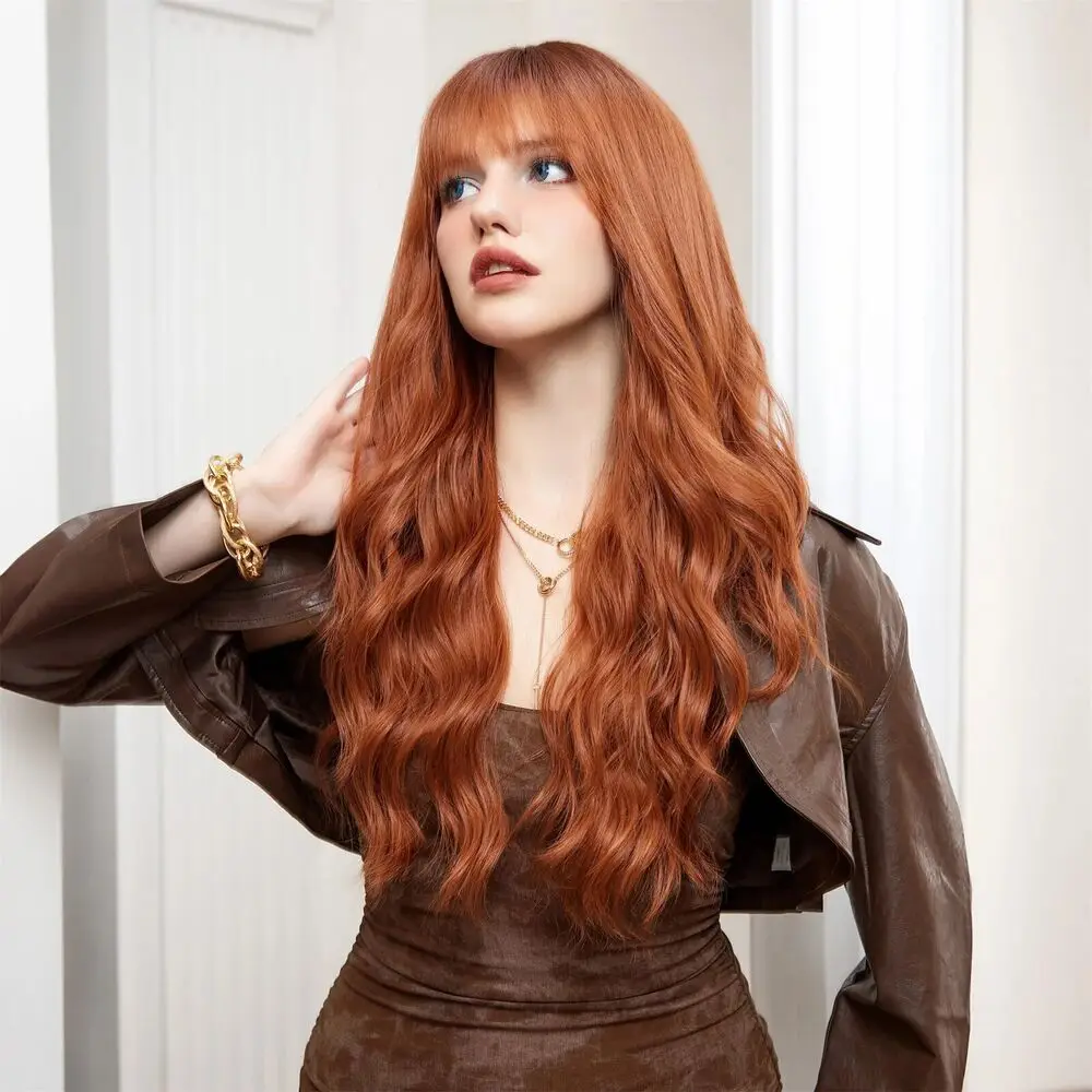 Halloween Copper Red Synthetic Hair Costume Wigs With Bangs Long Wavy