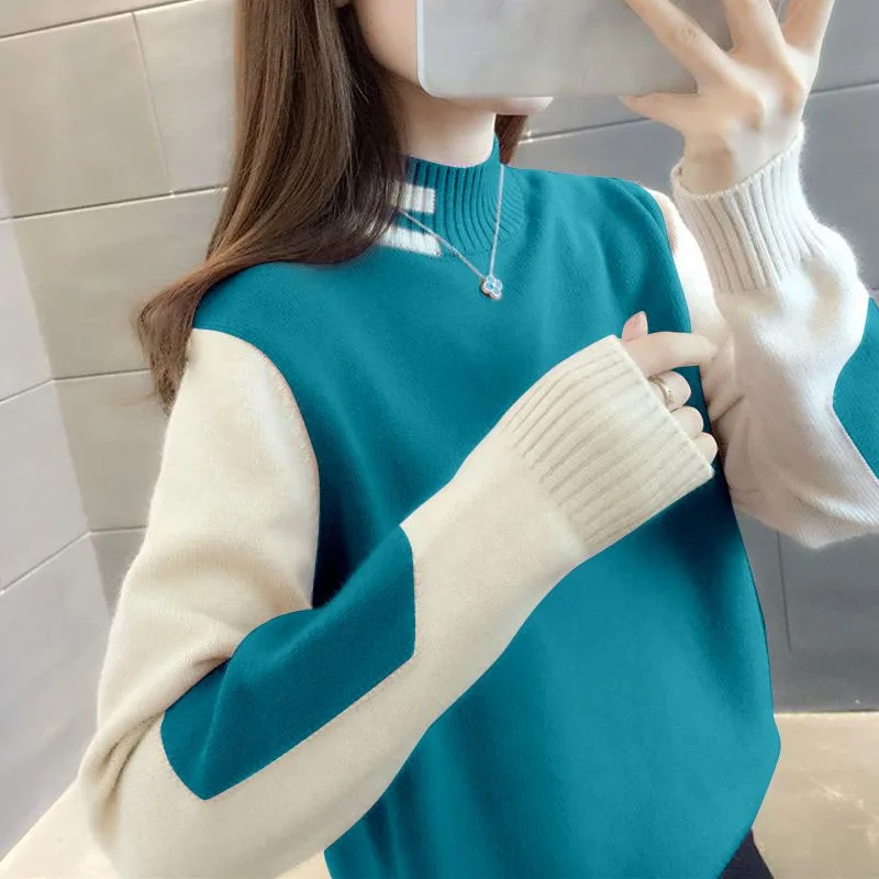 Autumn and Winter Fashion Trend Colored Half High Neck Loose Versatile Slim and Fashionable Women\'s Knitted Long Sleeve Sweater