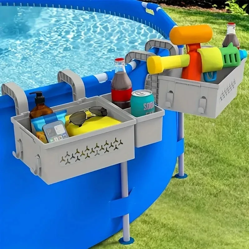 Poolside Storage Basket with Pool Cup Holder, Thickened Plastic Pool Basket for Above Ground Pool Accessories, Outdoor Swimming