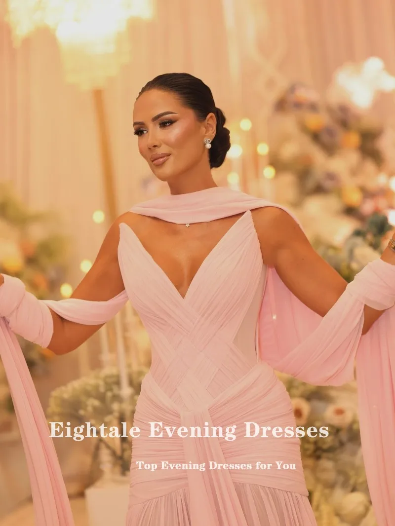 

Eightale арабское вечернее платье с v-образным вырезом по индивидуальному заказу из шифона со складками розовое платье длиной до пола, платье русалки для выпускного вечера, свадебное платье